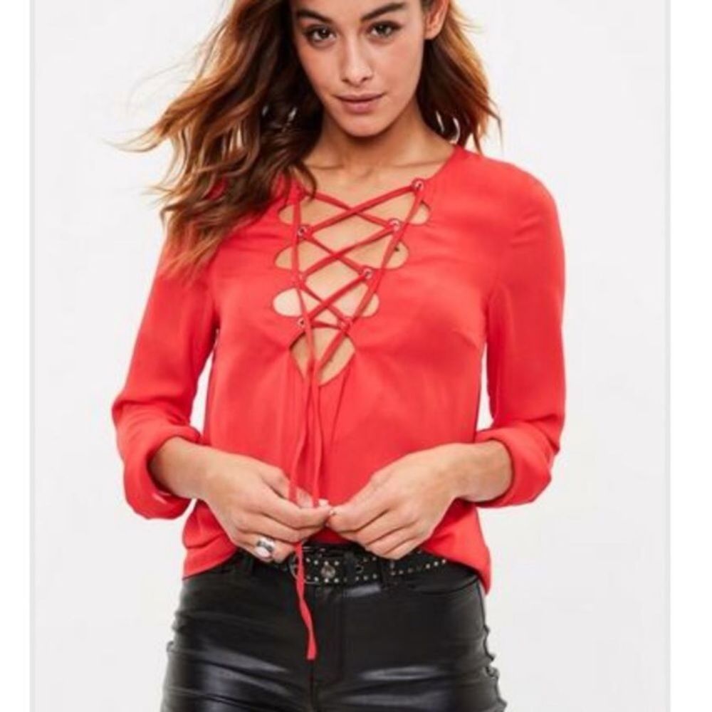 MISSGUIDED | Red Lace Up Front Long Sleeve Blouse